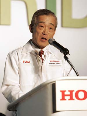 honda slashes profit projections, Honda chief Takeo Fukui speaking at the opening of a new factory in Greensburg Ind in November