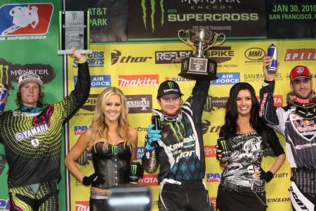 ama supercross 2010 san francisco results, Two new faces on the podium Ryan Villopoto center and Davi Millsaps right Josh Hill on the left was second