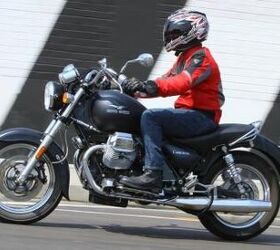 2011 moto guzzi california black eagle review motorcycle com, Not necessarily evident in this photo with a 5 foot 8 rider the Black Eagle s seating position takes some getting used to Note the uncommon steering damper and centerstand