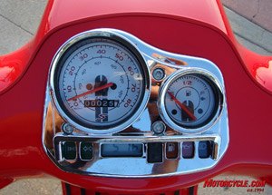 2008 vespa s 150 review motorcycle com, Speedo fuel gage clock and warning lights all packed into a busy chromy cluster