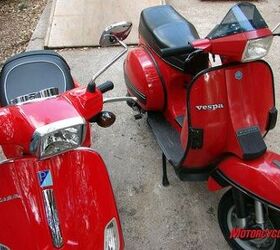 2008 vespa s 150 review motorcycle com, 2008 Vespa S on the left and 1985 Vespa T5 on the right