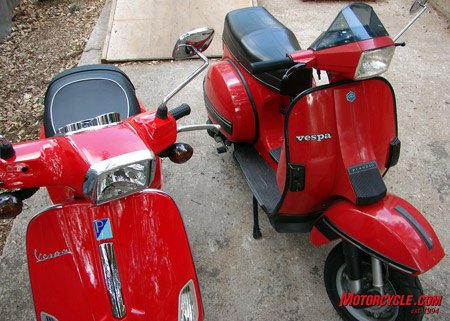 2008 vespa s 150 review motorcycle com, 2008 Vespa S on the left and 1985 Vespa T5 on the right