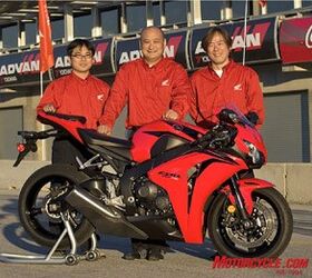 2008 honda cbr1000rr review motorcycle com, Kyoichi Yoshii the CBR s Test Large Project Leader was also the project leader of Nicky Hayden s RC211V in his championship year Ryohei Kitamura Electric Components Project Leader left and Yuzuru Ishikawa Chassis Project Leader