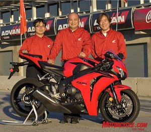 2008 honda cbr1000rr review motorcycle com, Kyoichi Yoshii the CBR s Test Large Project Leader was also the project leader of Nicky Hayden s RC211V in his championship year Ryohei Kitamura Electric Components Project Leader left and Yuzuru Ishikawa Chassis Project Leader