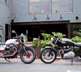 2013 moto guzzi v7 racer vs 2013 triumph thruxton video motorcycle com, While both the Moto Guzzi V7 Racer left and the Triumph Thruxton have curb appeal in spades the extravagant Italian Racer outshines literally its British counterpart