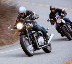 2013 moto guzzi v7 racer vs 2013 triumph thruxton video motorcycle com, With its more amenable powerplant the Triumph has the clear advantage when speed is asked for