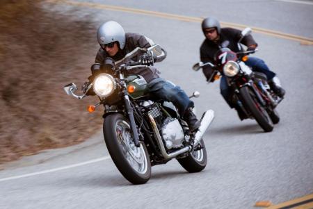 2013 moto guzzi v7 racer vs 2013 triumph thruxton video motorcycle com, With its more amenable powerplant the Triumph has the clear advantage when speed is asked for