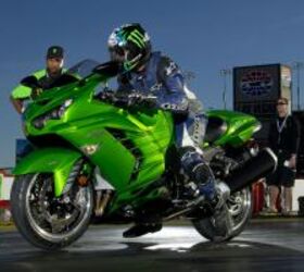 2012 kawasaki zx 14r review video motorcycle com, The ZX 14R s fearsome launch levitates its front wheel under the watchful eye of dragracing legend Rickey Gadson