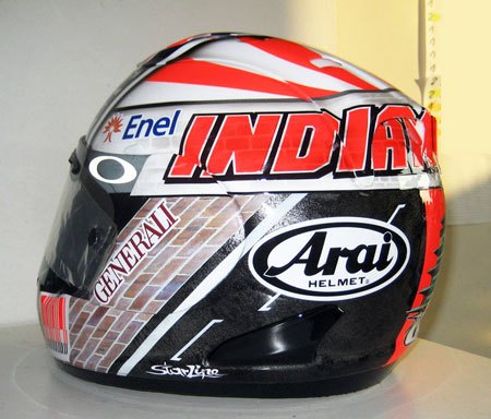 nicky hayden s indianapolis gp helmet, Hayden has a second and a third place result at Indianapolis Motor Speedway