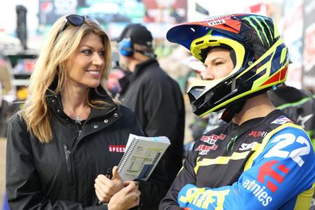 2013 ama supercross anaheim 1 race report, Speed Channel reporter Erin Bates and Chad Reed before his first race back since his season ending crash last year in Dallas