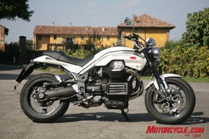 2008 moto guzzi griso 8v motorcycle com, Although based on Guzzi s old 90 degree V Twin this 8 valve new motor shares few parts Note the large header pipes and side mounted oil cooler