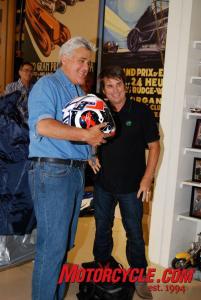 yamaha throws laguna seca motogp warm up party in jay leno s garage, Troy Lee Leno s left hand delivered a custom painted helmet to Leno
