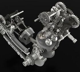 2012 ducati 1199 panigale superquadro engine details motorcycle com, This CAD drawing reveals the desmodromic valve actuation and the chain gear assembly that drives them Note also the auto decompressor on the end of the exhaust camshaft It opens the valve slightly at tick over to ease startup