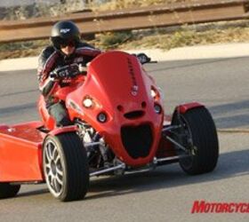2008 gg quadster review motorcycle com, Part motorcycle part car and part snowmobile the Quadster gets through corners in a style all its own