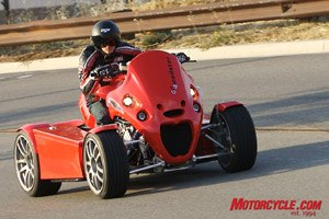 2008 gg quadster review motorcycle com, Part motorcycle part car and part snowmobile the Quadster gets through corners in a style all its own
