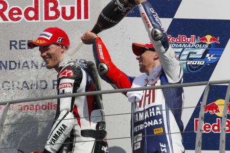 motogp 2010 indianapolis results, Ben Spies and Jorge Lorenzo celebrate on the Indianapolis podium Could this be a sign of things to come for the factory Yamaha team in 2011