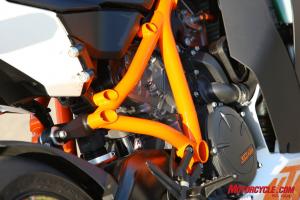 2010 literbike shootout aprilia rsv4 factory vs ducati 1198s vs ktm rc8r , The 75 degree V Twin in the KTM hangs as a stressed member in the trellis frame The 1198S like virtually all Ducatis also uses a steel trellis frame