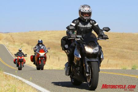 2010 oddball sport touring shootout ducati multistrada vs honda vfr1200f vs kawasaki, Despite lacking virtually every touring feature and upscale accoutrement found on the VFR and Multistrada the Kawasaki Z1000 found a special place in our hearts as the least expensive Little Sport Tourer That Could