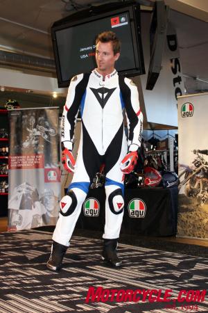 2011 dainese agv usa collection preview, Shown Laguna Seca Pro one piece leathers in new color for 2011 Blue Boots are new Axial Pro In design In means that they go inside the leather Joust gloves