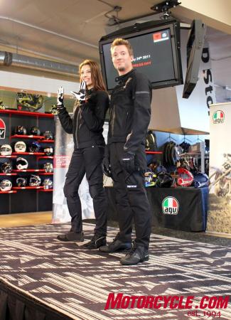 2011 dainese agv usa collection preview, Shown Air Frame textile jacket for ladies and men new Drake Air Tex pants for ladies and men Manaus shoes for the lady and Shift shoes for the man Motodon Evo lady gloves and Air Tex gloves