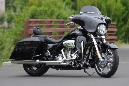 2012 harley davidson cvo models review motorcycle com, The 2012 CVO Street Glide in Dark Slate and Black Diamond with Phantom Flame Graphics