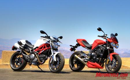 2010 triumph street triple r vs 2011 ducati monster 796 shootout motorcycle com, The Ducati Monster 796 made more trouble than we expected for the Triumph Street Triple R but the various qualities of the Trumpet that led us to pick it as Bike of the Year in 2009 influenced us once again during this naked middleweight duel