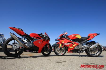 moriwaki md250h vs aprilia rs125 shootout motorcycle com, On the left is the Moriwaki MD250H powered by a four stroke Honda motor On the right is the Aprilia RS125 one of the last sport motorcycles available with a two stroke engine