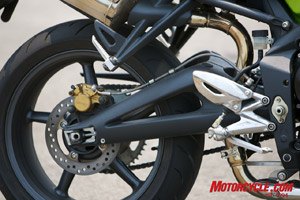 2008 triumph street triple 675 review motorcycle com, The frame and braced aluminum swingarm comes straight from the Daytona 675