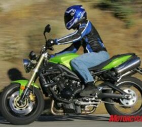 2008 triumph street triple 675 review motorcycle com, The upright motocross style bars 31 6 inch seat height and footpegs nearly an inch lower and a half inch farther forward than those on the Daytona 675 make for a relaxed rider triangle