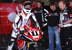 wsbk schumacher rides at portimao, Michael Schumacher gets ready to take Troy Corser s Yamaha R1 for a spin