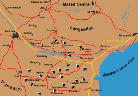 touring the south of france on a bmw r1200gs, Map of Languedoc showing major cities and Cathar sites