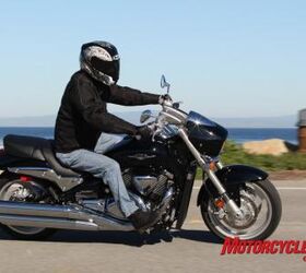 2009 suzuki boulevard m90 review motorcycle com, A lot of design work went into those good looking slash cut exhausts Each muffler was tuned for sound the upper for higher frequency and the bottom muffler for low frequency notes