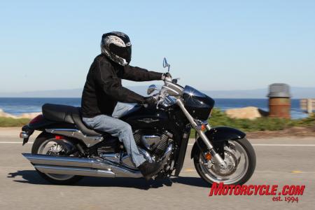 2009 suzuki boulevard m90 review motorcycle com, A lot of design work went into those good looking slash cut exhausts Each muffler was tuned for sound the upper for higher frequency and the bottom muffler for low frequency notes