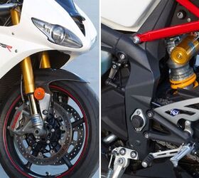2011 triumph daytona 675r review first ride motorcycle com, These two photos sum up the difference between the standard and R model Ohlins NIX30 fork and Brembo monobloc calipers in front accompanied with a TTX36 shock out back Note also the factory quickshifter