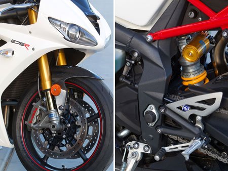 2011 triumph daytona 675r review first ride motorcycle com, These two photos sum up the difference between the standard and R model Ohlins NIX30 fork and Brembo monobloc calipers in front accompanied with a TTX36 shock out back Note also the factory quickshifter