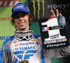 motocross rider suspended indefinitely, Jason Lawrence in happier times celebrates his 2008 AMA Supercross Lites West Region Championship