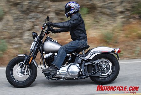 2008 harley davidson flstsb cross bones review motorcycle com, Despite what it may look like this is a rather comfortable riding position especially around town and in the country Blitzing down the freeway means less comfort as the open riding position makes a big wind scoop out of the rider
