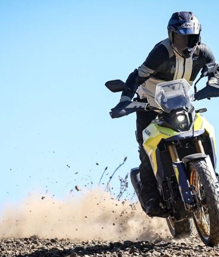 2023 suzuki v strom 800de video review, The Dunlop tires worked well on pavement and hard packed trails but in the looser terrain a knobby tire would ve been a better option