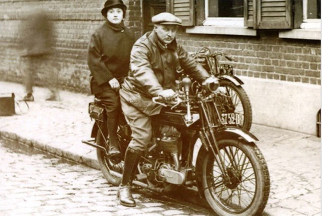 santiago choppers builds cafe racer masterpieces, Great Grandfather Bernard in 1904 aboard a Belgian made 500 Sarolea one of the first bike makers in the world