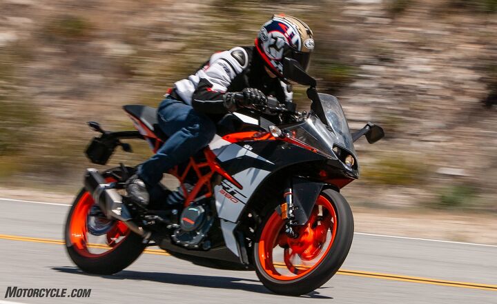 2018 lightweight sportbikes shootout, Whether on track or on the street the KTM is all business Its hard seat is fine on track but not so great on the freeway Same too for its small fuel tank A tourer the RC390 most definitely isn t But if you play in the hills the KTM will make you feel alive
