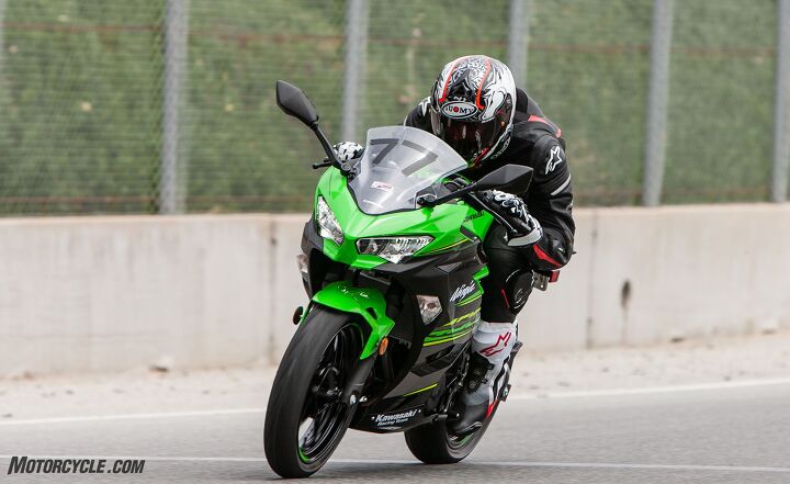 2018 lightweight sportbikes shootout, Where the Kawasaki really shines is in the engine department It delivers a decent amount of push down low but then a very impressive steam of power up top It s incredible that much punch is packed into a 399cc parallel Twin