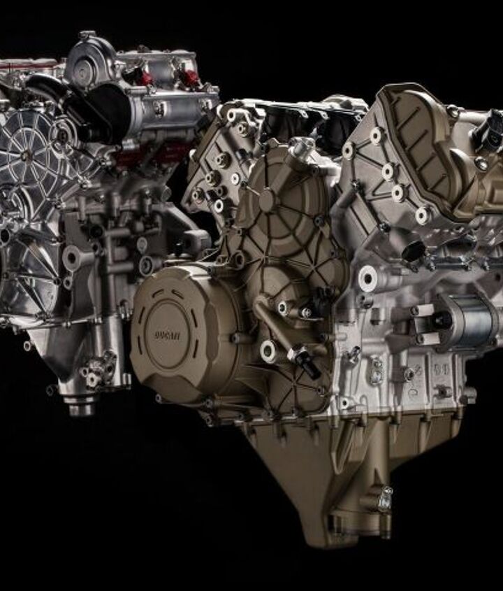 aprilia rsv4 rf vs ducati panigale v4 s dyno shootout, The Ducati Stradale V4 in the foreground with the MotoGP V4 behind it For a production engine and a flagship sportbike engine at that the Stradale V4 features incredible technology and a claimed power output to match