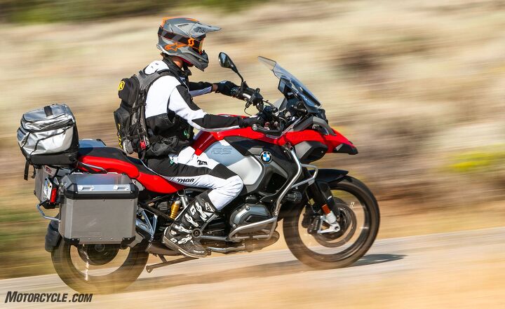 2018 big bore adventure touring shootout part 1 street, Even loaded down with gear pictured above isn t even the half of it the R1200GS Adventure s suspension adapts via its Dynamic ESA suspension monitoring system to provide a cush ride when you want it and firmer sportier handling when you need it