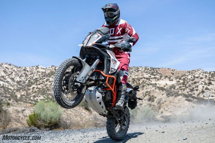 2018 big bore adventure touring shootout part 2 we do it in the dirt, Winner winner chicken dinner We had a wheelie good time on the 2018 KTM 1290 Super Adventure R the dirtiest ADV bike on the block