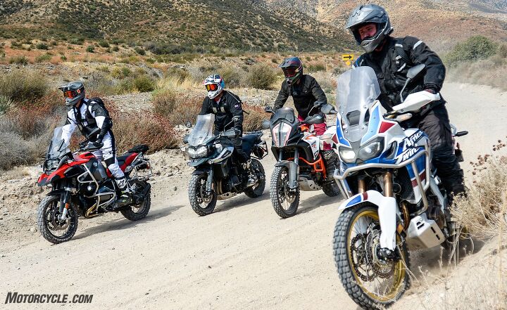 2018 big bore adventure touring shootout part 2 we do it in the dirt