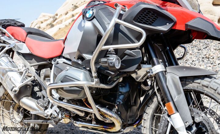 2018 big bore adventure touring shootout part 2 we do it in the dirt, With the GSA s cylinder heads and exhaust headers sticking out like they do crash protection is vital and the Beemer s does a pretty good job but we d say it s more protective in a tip over situation rather than a full on crash