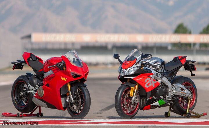 battle of the titans aprilia rsv4 rf vs ducati panigale v4 s street, Our track showdown produced one of the closest scorecard results we ve ever had and this street test is even tighter