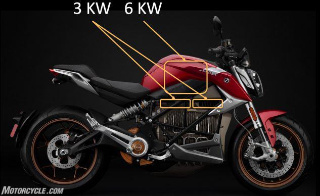 2020 electric motorcycle spec shootout, The base SR F gets the forward 3kW charger and the Premium model gets the one just behind it An accessory 6kW Charge Tank will be available later