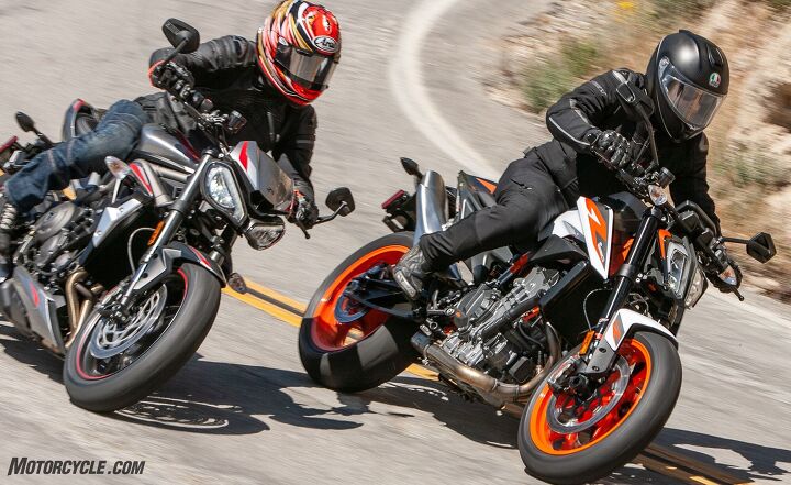 the clash of two super middleweights ktm 890 duke r vs triumph street triple rs, Triumph s Street Triple is back this time in RS trim while the KTM bulks up with the 890 Duke R