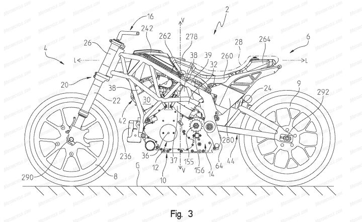 update leaked photo patent filings reveal details of 2019 indian ftr1200, One unusual element of the design is the placement of the battery 236 between the front wheel and the crankcase and below the radiator The V Twin engine is left mostly blank here but further diagrams suggest different powerplants are being considered